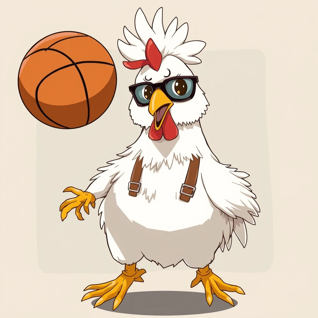 A chicken wearing suspenders and styled with a middle part is playing basketball in an anime style.