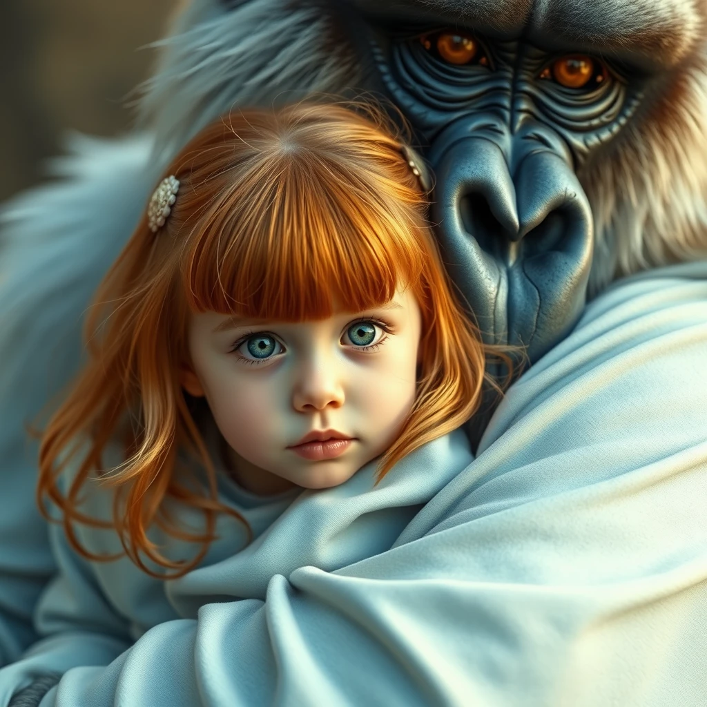 A cute ginger Russian girl with green eyes and bangs is being carried by a gorilla king wearing light blue and white clothes. - Image