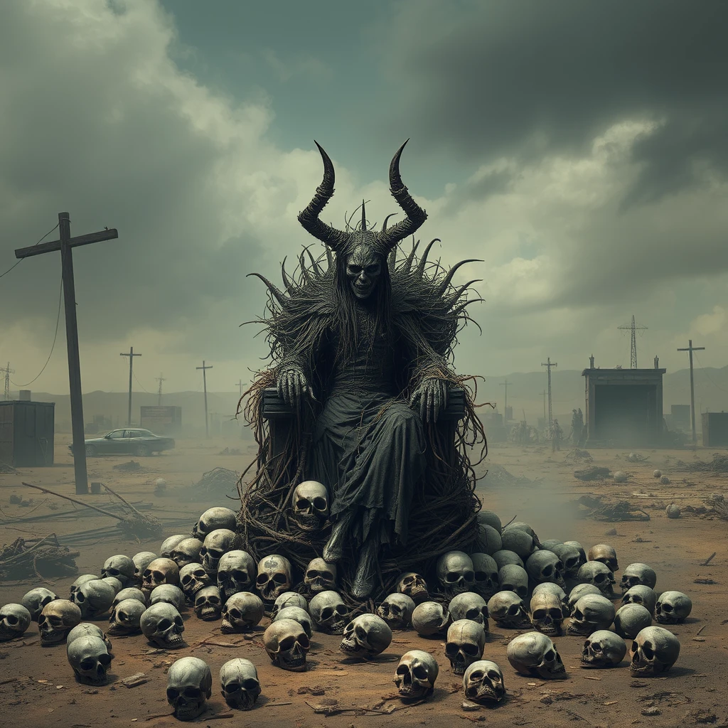 A dark demonic scarecrow sits on a throne covered in thorns surrounded by skulls on the ground in an apocalyptic wasteland.