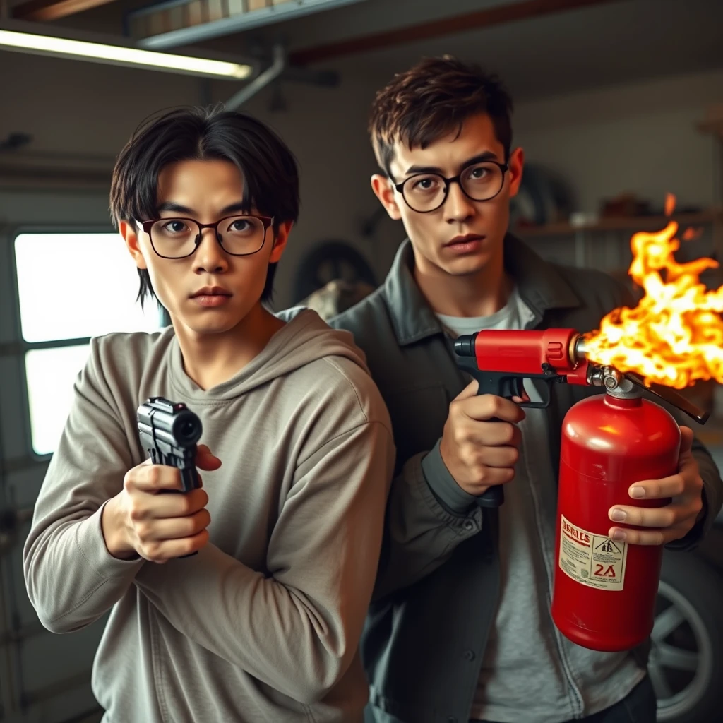 21-year-old white thin long-faced young northern Chinese man with a square chin, wearing square glasses, holding a pistol, with medium/long length hair; 21-year-old white Italian man wearing round glasses and short hair holding a very large fire extinguisher flamethrower; garage setting; both angry.