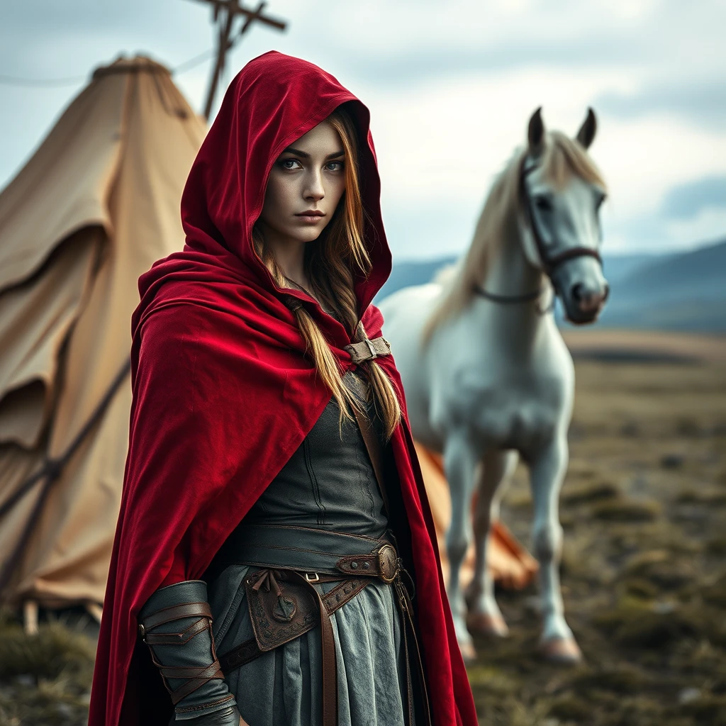 Photo: Fantasy heroine with a red cloak without a hood in front of a tent in the steppe, white horse in the background. - Image