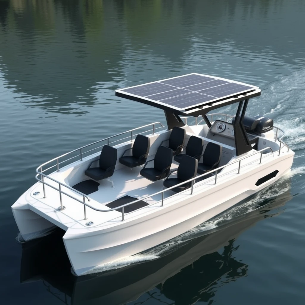 Smart Indian styled design of an open hydrodynamic, short, compact Catamaran boat with 6 seats, with adequate safety rails, in a calm lake in Kashmir, the platform powered by batteries and thruster pods, with joystick controls on the dashboard, carrying a foldable hard roof with the solar panels over it.