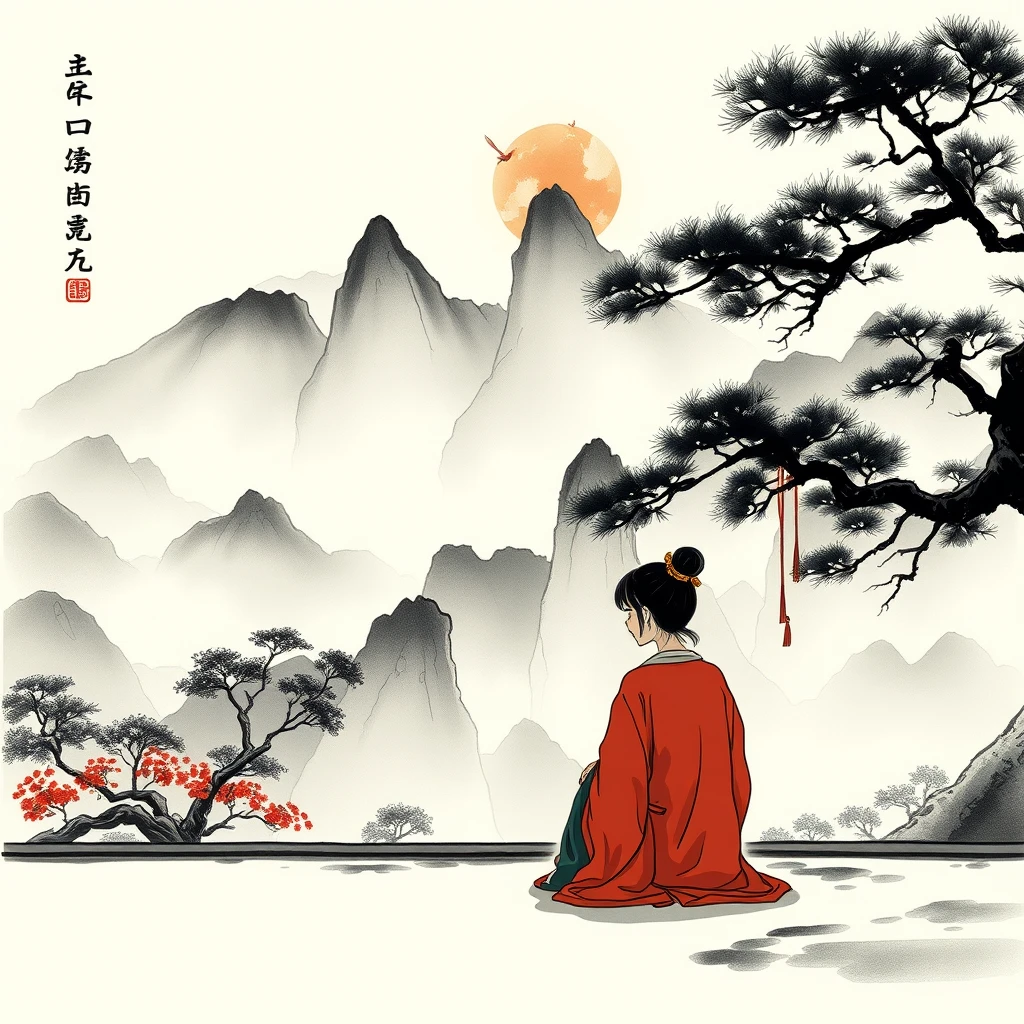 Sitting in front of the Chinese landscape ink painting, anime. - Image