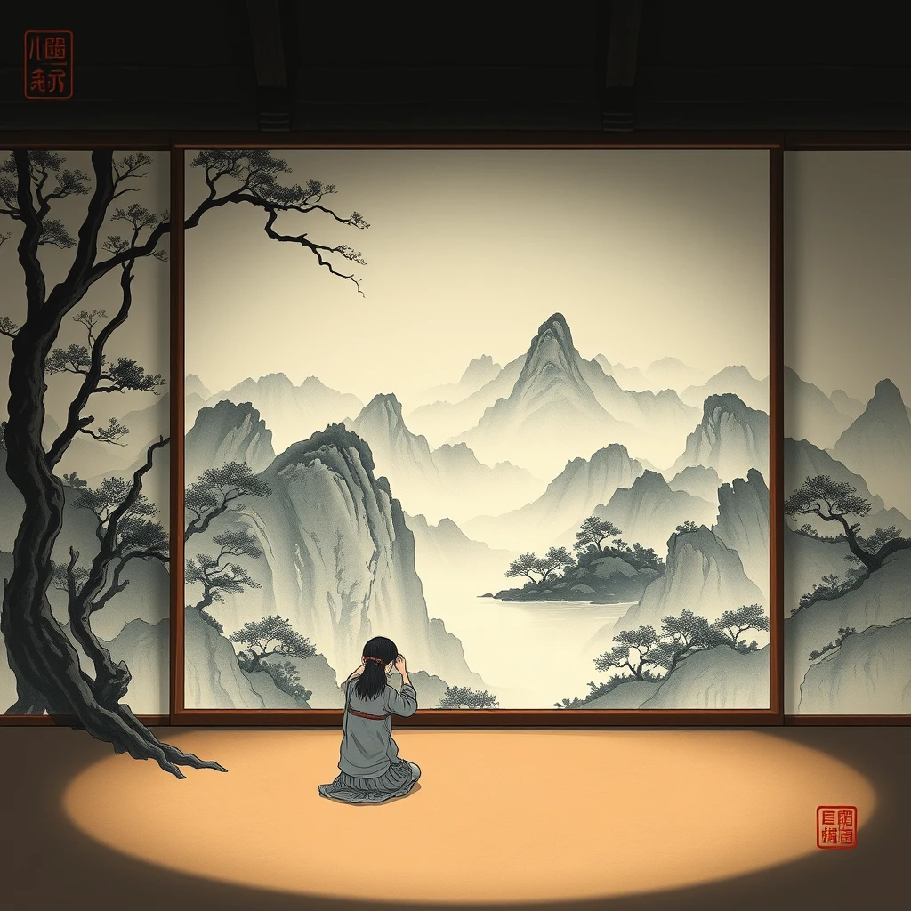 Sitting in front of the Chinese landscape ink painting, anime.