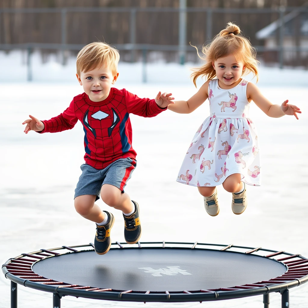 Four-year-old twins, a boy and a girl. Light brown hair and hazel eyes. Finnish looking. The boy is wearing a Spiderman t-shirt and football shorts. The girl is wearing a unicorn dress. They are jumping on a trampoline on the ice.