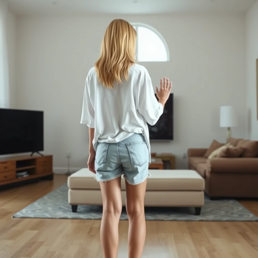 Side view and distant footage of a slender blonde woman in her expansive living room, dressed in a hugely oversized white t-shirt that hangs unevenly from one shoulder. She's wearing oversized light blue denim shorts and is barefoot. Facing her TV, both of her hands disappear as they pass through the screen when she touches it. - Image