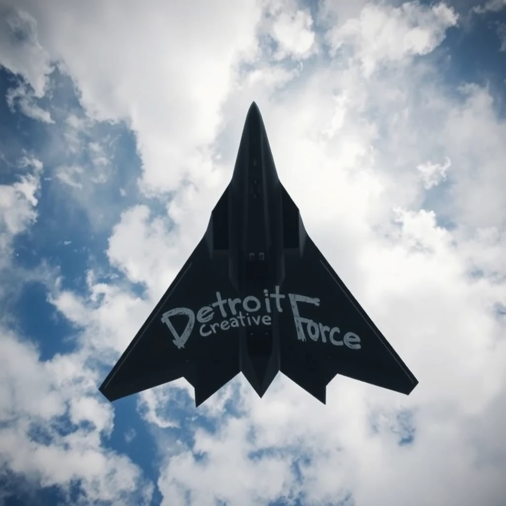 The camera is on the ground looking upward to the sky and sees the underside of a real B-2 Stealth bomber flying high in the clouds. The words "Detroit Creative Force" painted in a graffiti style on the bottom of the plane's fuselage.