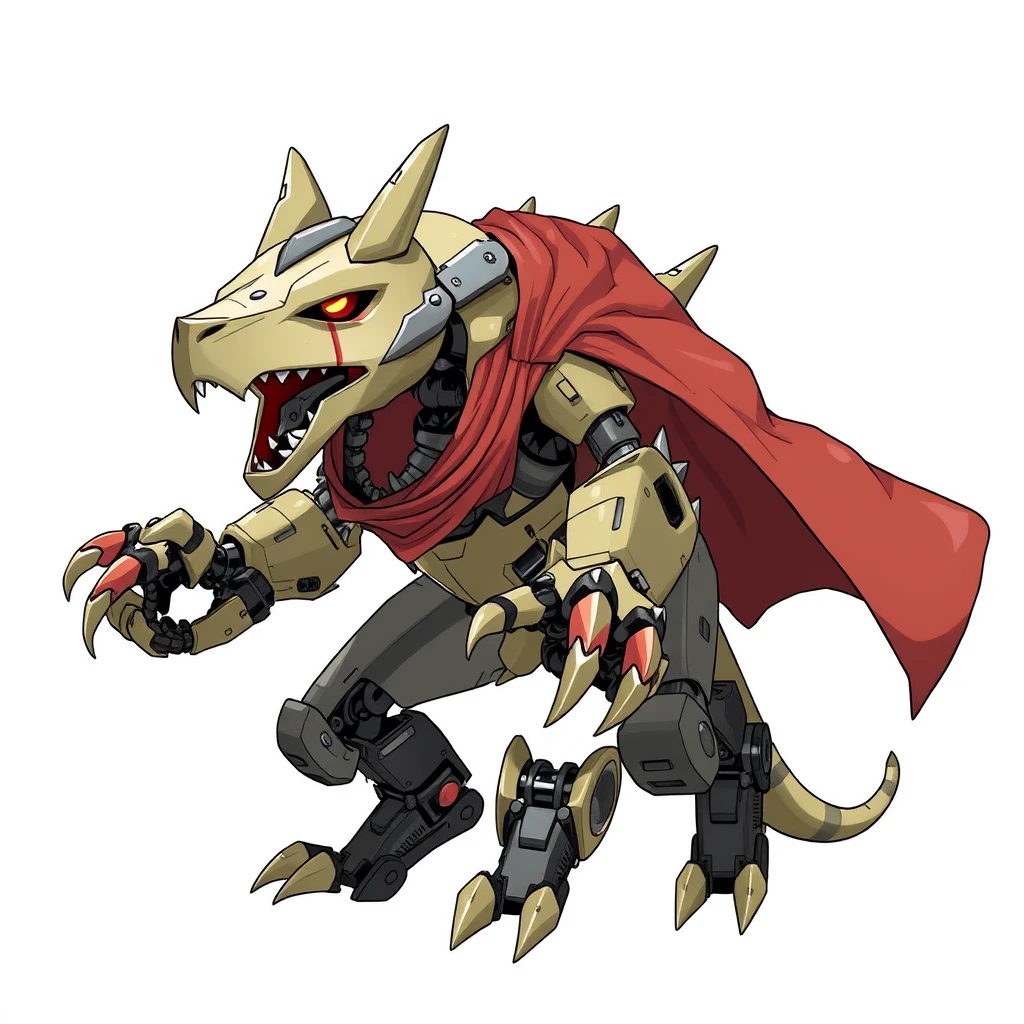 Animal-shaped mecha, exoskeleton, wearing a cloak, roaring.