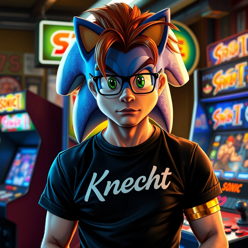 Hyper-realistic portrait of a humanized Sonic: mid-30s man with flowing chestnut hair, rectangular glasses, wearing a black 'Knecht' t-shirt adorned with golden arm brackets. He stands confidently before a vibrant Street Fighter II cabinet, bathed in the neon glow of a bustling 90s arcade. - Image