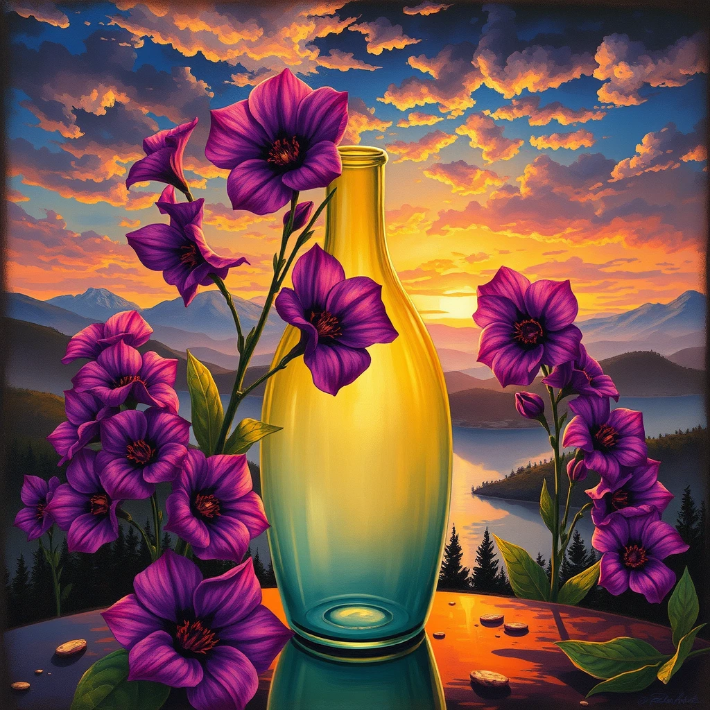 "The art of Alphonse Mucha, cosmetic glass bottle, violet, rendering, beautiful scenery, dramatic colors." - Image