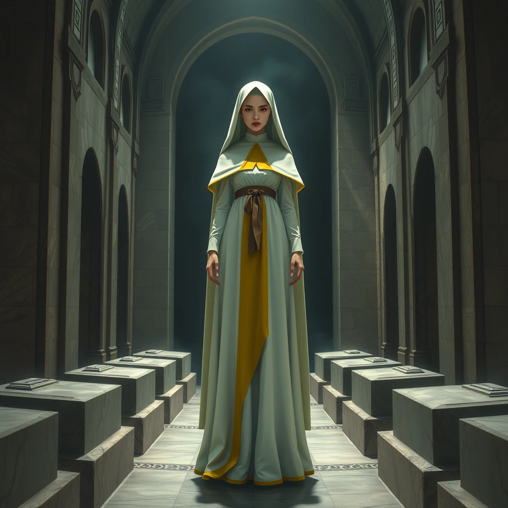 A female figure stood there in a mausoleum, tall in a white and yellow nun-like dress, with a tall and commanding presence, and a dark air behind her. - Image