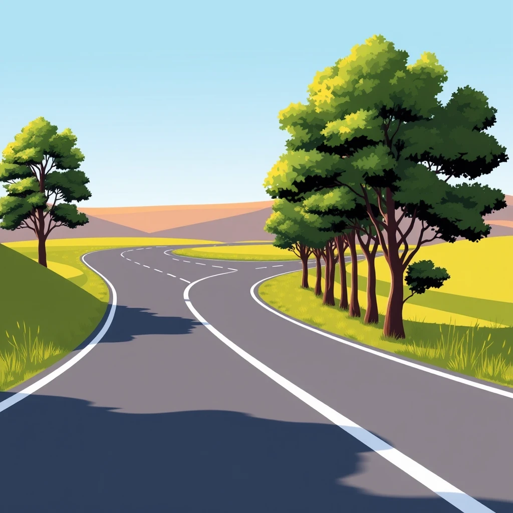 A vector image of an animated road with trees on the right side. Svg background.