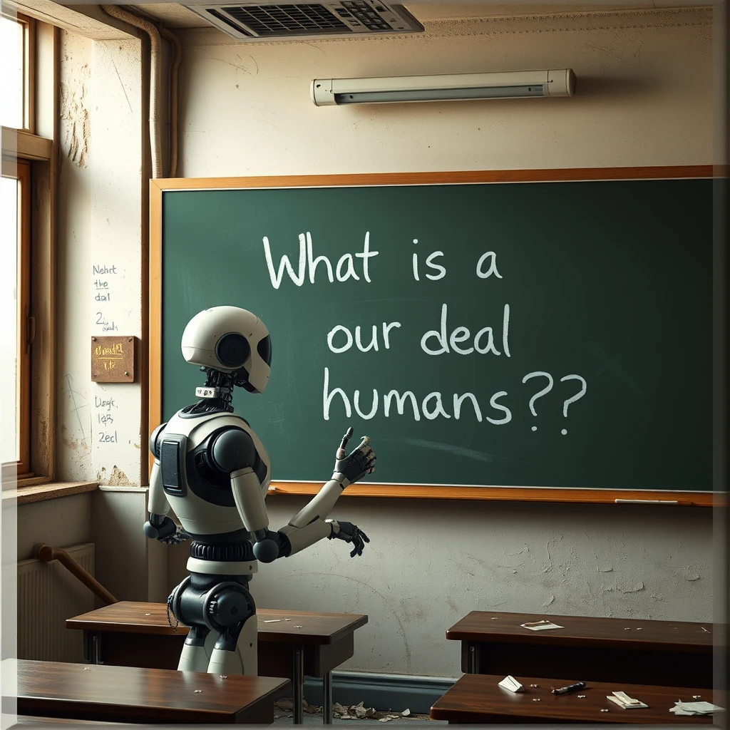 "What is the deal with humans?" a robot writes on a chalkboard inside of an abandoned classroom.