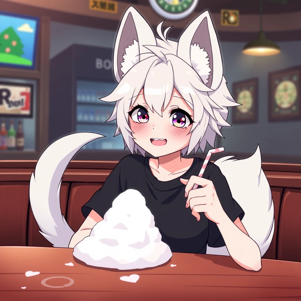 Cute teen anime girl with fluffy fennec ears and a fluffy tail, white messy short hair, purple eyes, wearing a black t-shirt, sitting at the table in a bar. On the table is one tiny mountain of snow. The girl looks with a big crazy smile at the snow and has a straw in her right hand.