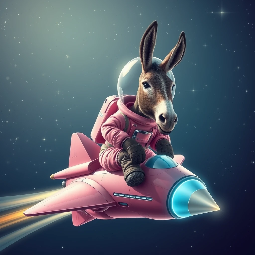 An ambitious donkey wearing pink astronaut costume, riding on a stunning spaceship, flying to the outerspace under a clear night sky with lots of shining stars. Realistic style. - Image