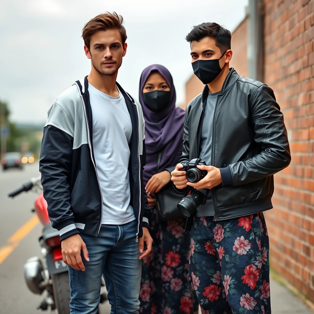 Jamie Dornan and Freddie Prinze, head and body shot, handsome, young, serious face, dark brown-haired, white T-shirt, college jacket, skinny jeans, sneakers, standing, discussing with two guys and a short purple hijab Muslim girl, beautiful eyes, face mask black, black leather jacket, biggest floral skirt, holding a DSLR Canon camera, near town road, superbike, hyper-realistic, street photography, brick wall, full body photo.