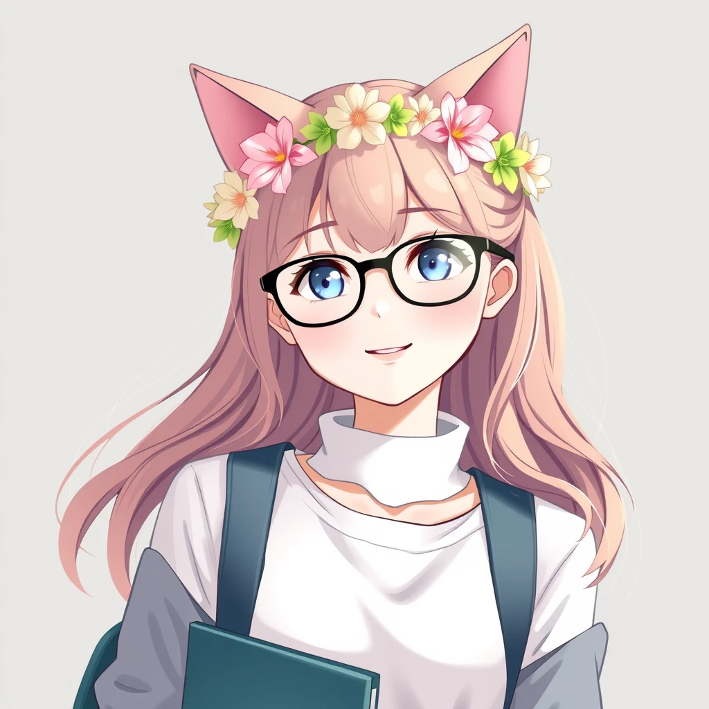 cute anime college student with cat ears, pastel, wearing glasses and a flower crown