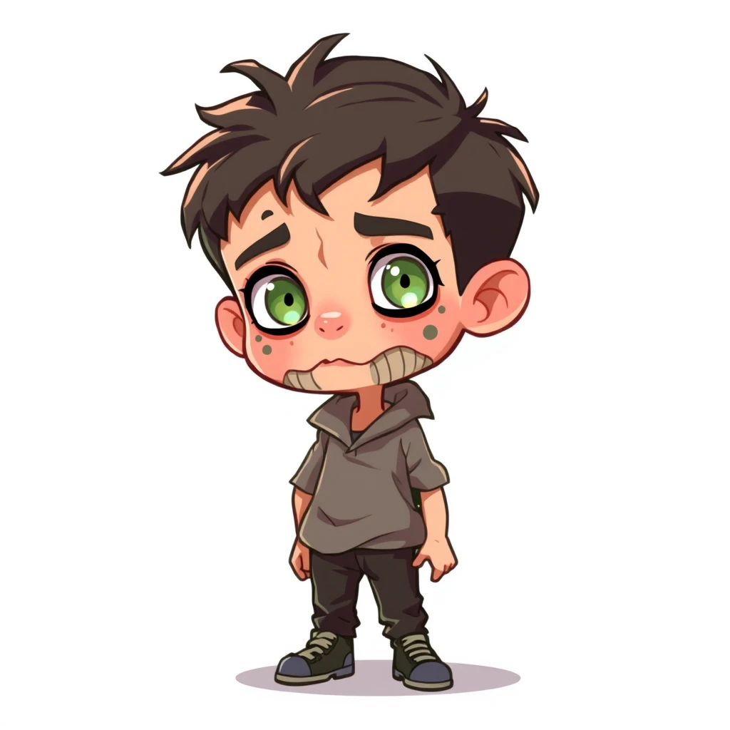 A boy who looks like he has the plague, 2D, chibi-style, full-body image.