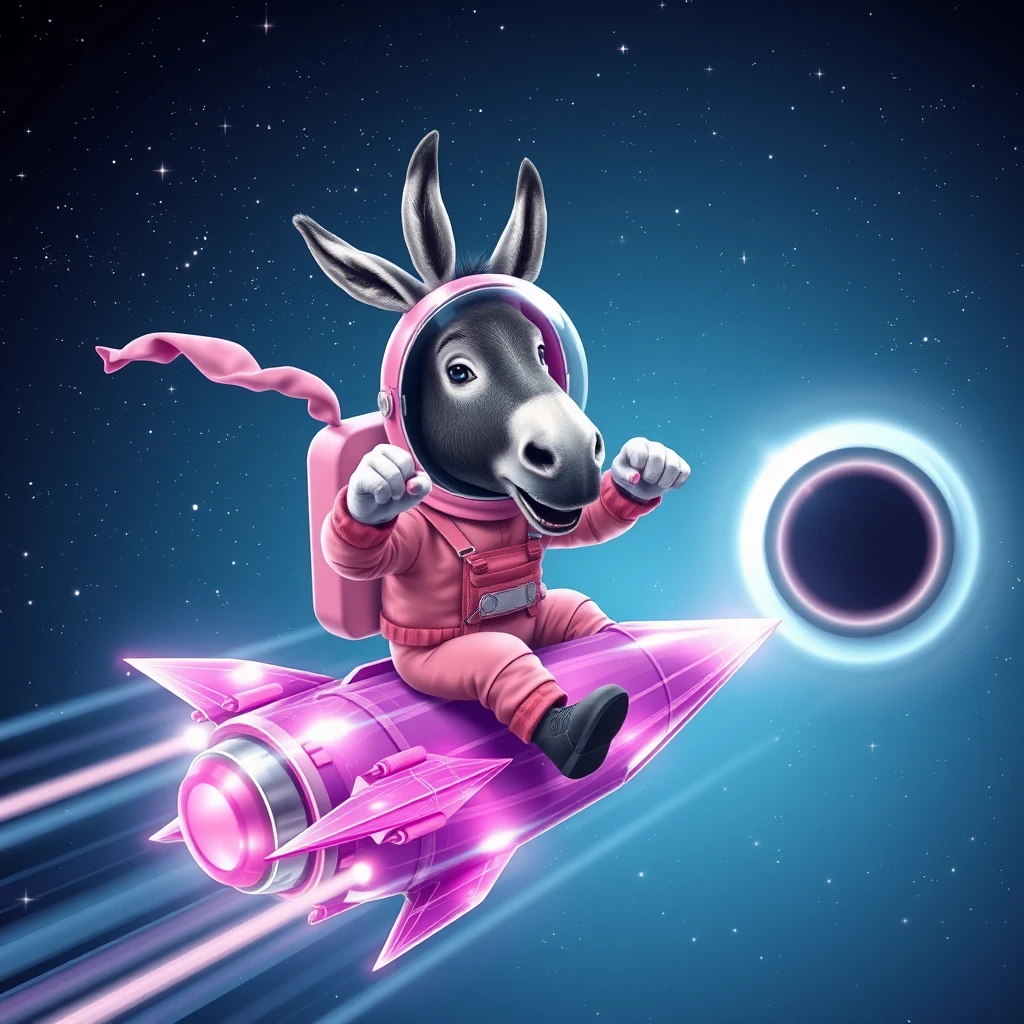 An ambitious donkey wearing pink astronaut costume, riding on a crystal light purple stunning spaceship, making a punching gesture, flying to the outerspace under a clear night sky with lots of shining stars, passing by a huge black-hole. Realistic style. - Image