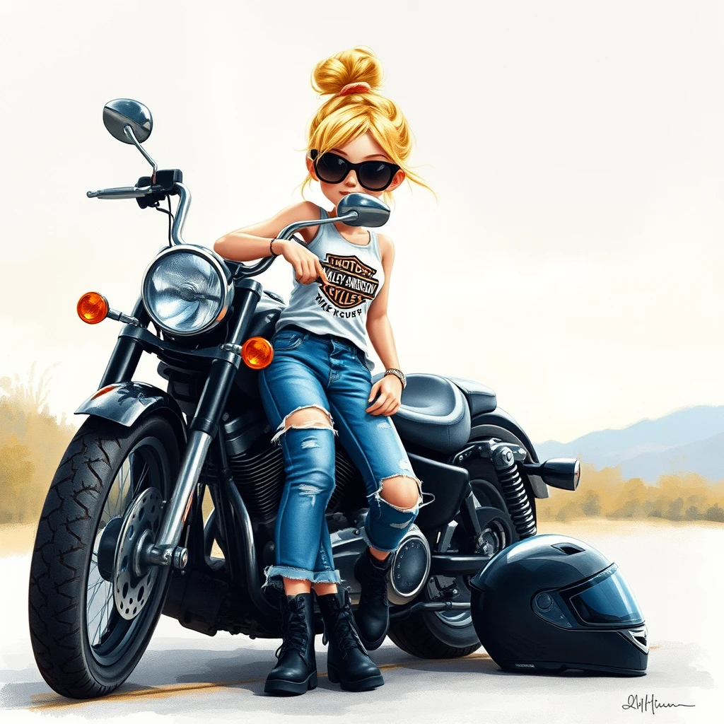 Hyper-detailed soft pastel watercolors alcohol ink of a whimsical little sweet blonde leaning up against her black motorcycle, wearing blue ripped jeans and a Harley Davidson white tank top, black riding boots, hair in a messy bun blonde in color, black sunglasses, has a little attitude and her black motorcycle helmet is on the ground beside her black motorcycle, soft scenery background, textured painterly on canvas, cute adorable animated movie image, 3D, HD.