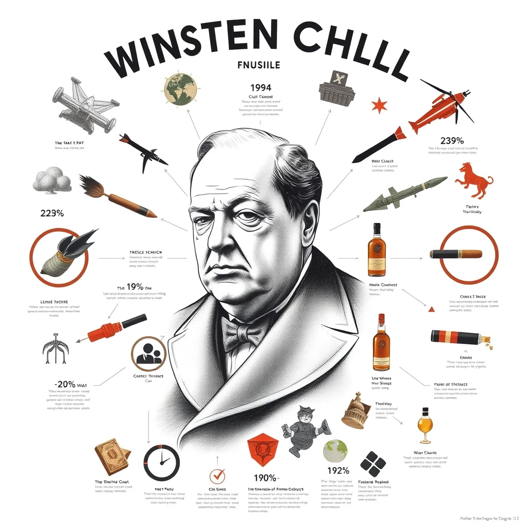 A modern fusion infographic poster. That includes cells of information around the outside. A drawing of Winston Churchill is superimposed on top. There are many graphic organizer infographics around the outside of war plans, bombs, cigars, and whisky, white background, faded patterns. - Image