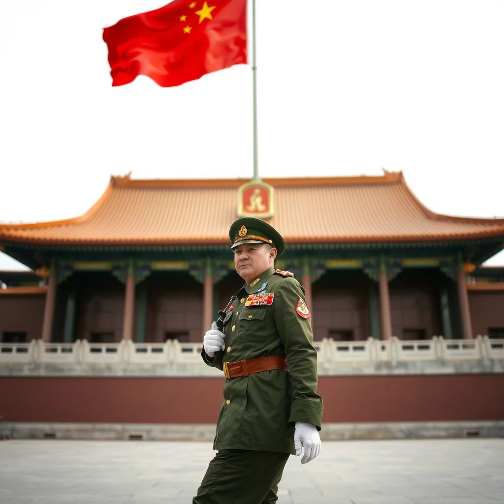 A Chinese soldier walking under the national flag. - Image