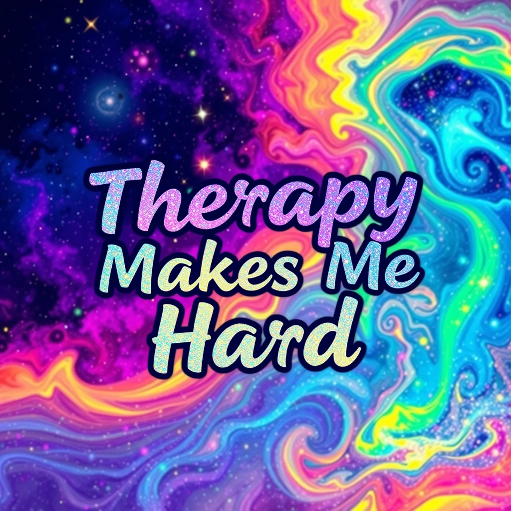 T-shirt design of fantastic vibrant glittery with an iridescent effect but ethereal text that says "Therapy Makes Me Hard" swirled vibrant colors with a colorful galaxy in the background.