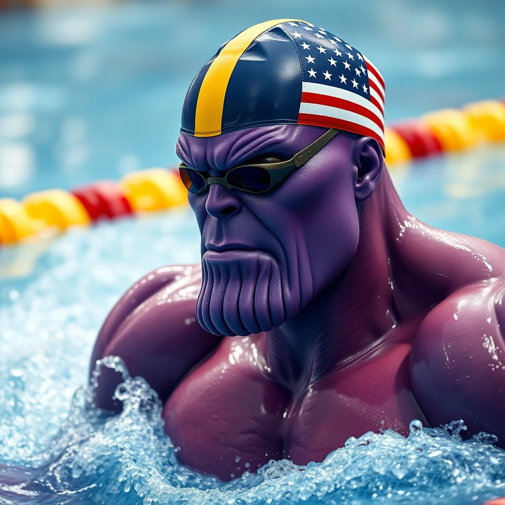 "A purple-faced Thanos swimming in a competition, wearing a swim cap with the American flag, in a realistic style, swimming action."