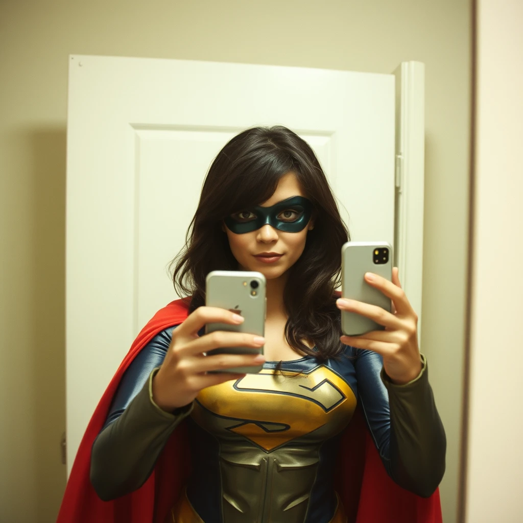 Phone photo: A woman superhero stands in front of a mirror capturing a selfie. The image quality is grainy, with a slight blur softening the details. Her expression is blushing while the old iPhone struggles to focus, giving the photo an authentic, unpolished feel. The mirror shows smudges and fingerprints, adding to the raw, everyday atmosphere of the scene.