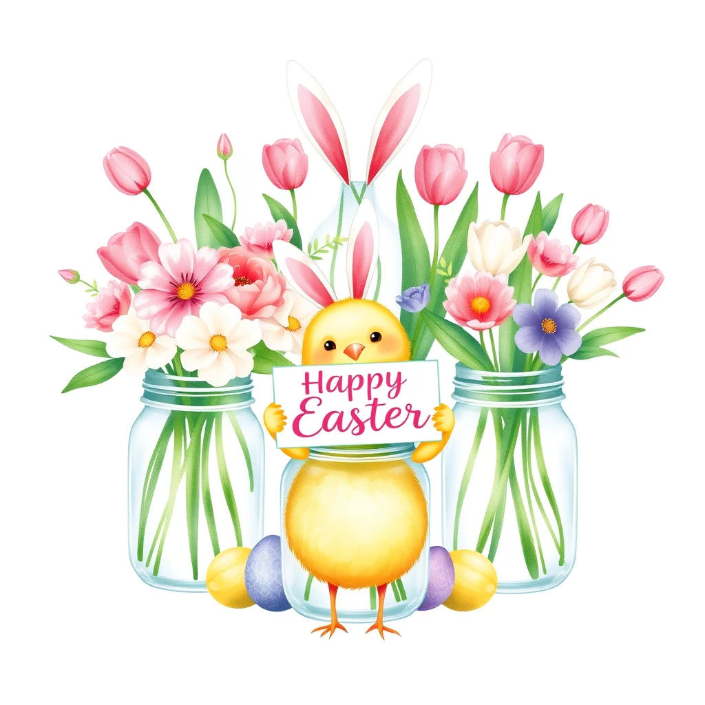 Easter floral bouquet in mason jars with bunny ears, tulips and easter eggs, cute chick holding sign "Happy Easter", watercolor illustration in the style of clipart on white background.