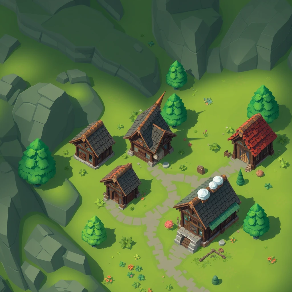 Medieval style houses, landscape game materials, pixel art, 2D landscape, game assets. - Image