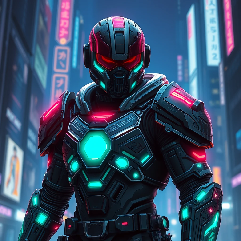 Future warrior with ultra-modern laser armor, cyberpunk style, night scene of a neon light city.