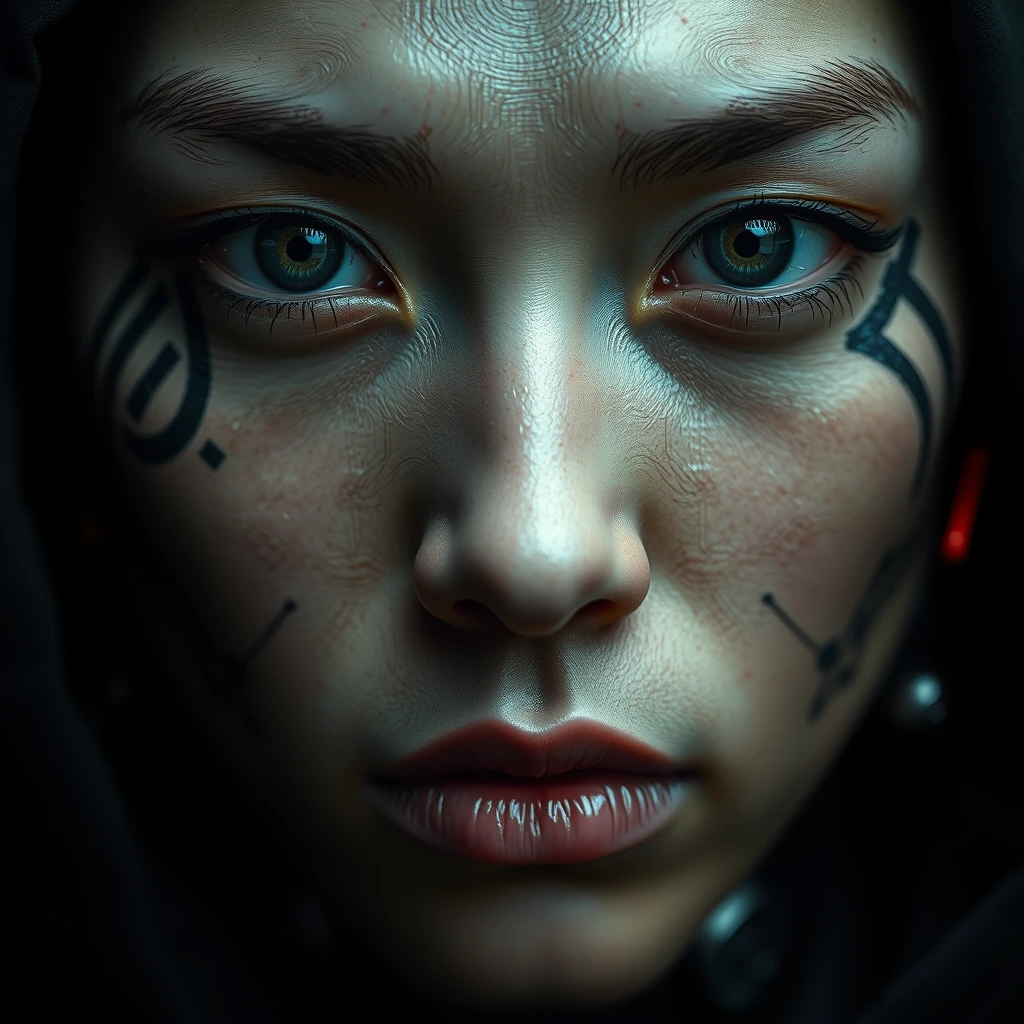 Super face Closeup Portrait, (cyberpunk face augmentation:1.45), (black color circuit board tattoos:1.5 on face), epic skin details, Sci-fi Darkness By He Xiaofeng, a quiet Fighter, feudal Ninja, robotic shinobi suit, (style Katy Grannan:1.35), Satin texture, (Glitchy:1.5) (Foggy:1.35), (Harsh lighting:1.4)