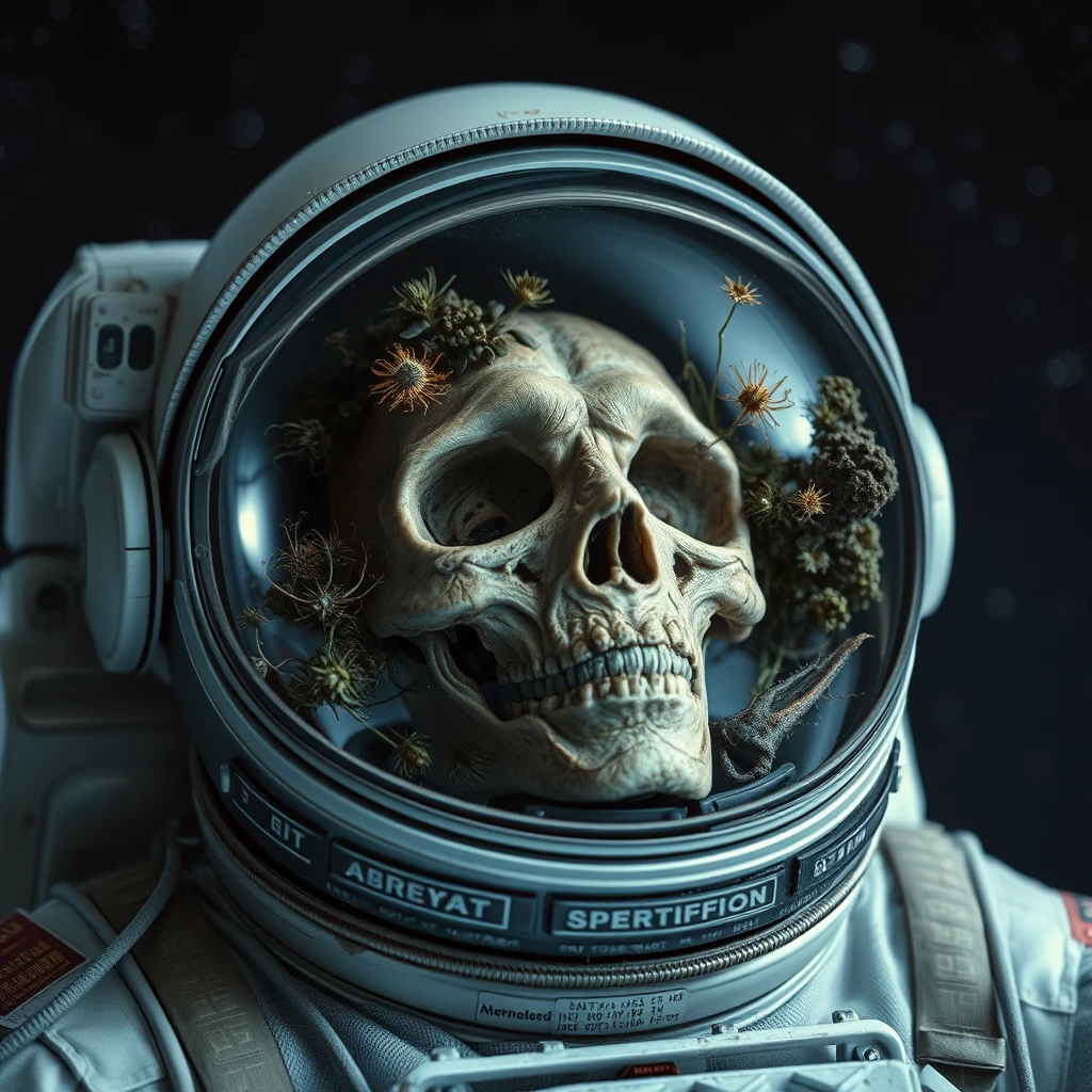 Close-up photo of an ancient deceased astronaut floating alone in deep space. We see his visor lifted, his desiccated remains trapped forever behind the clean glass of his helmet. Inside the helmet, nestled around his head, strange alien plants and fungi are growing. He is illuminated by the dim glow of a billion distant stars. - Image