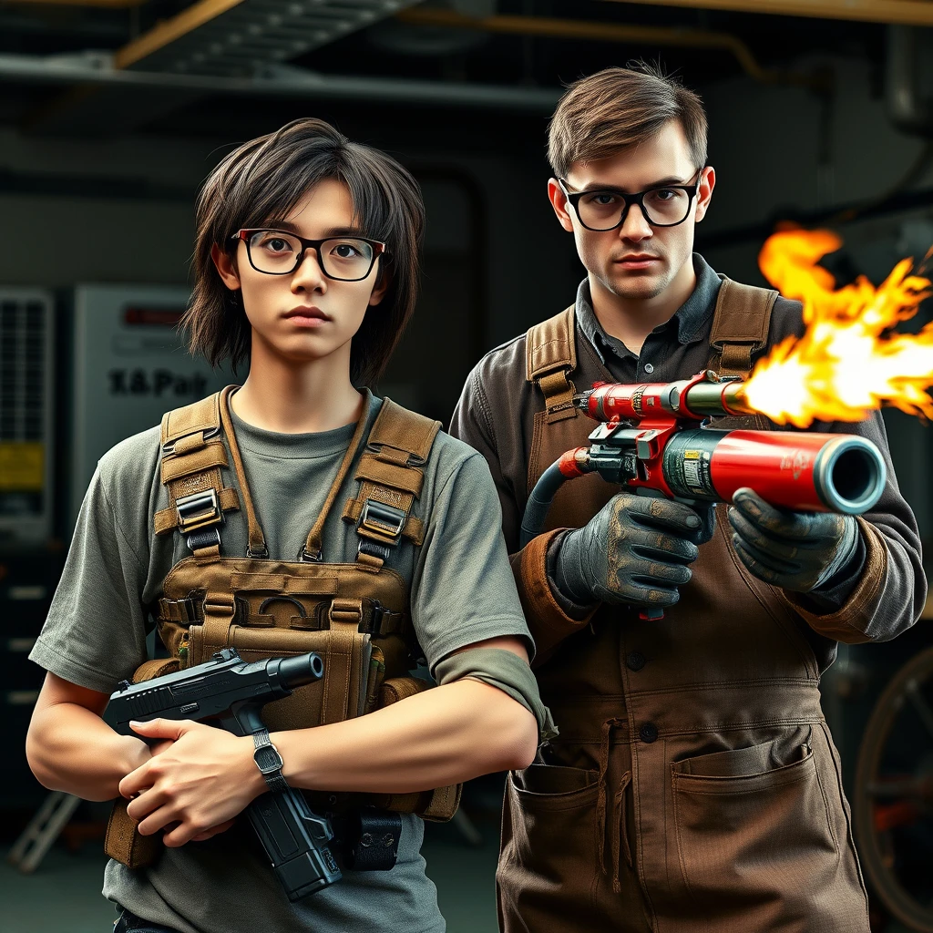 21-year-old thin, long-faced white young adult Northern Chinese man with a square chin, wearing square glasses, holding a pistol, with medium/long length hair, and a tactical chest rig; 21-year-old Caucasian Italian man wearing round glasses and short hair, holding a very large fire extinguisher flamethrower, in a welding apron and long leather gloves; garage setting; both angry. - Image