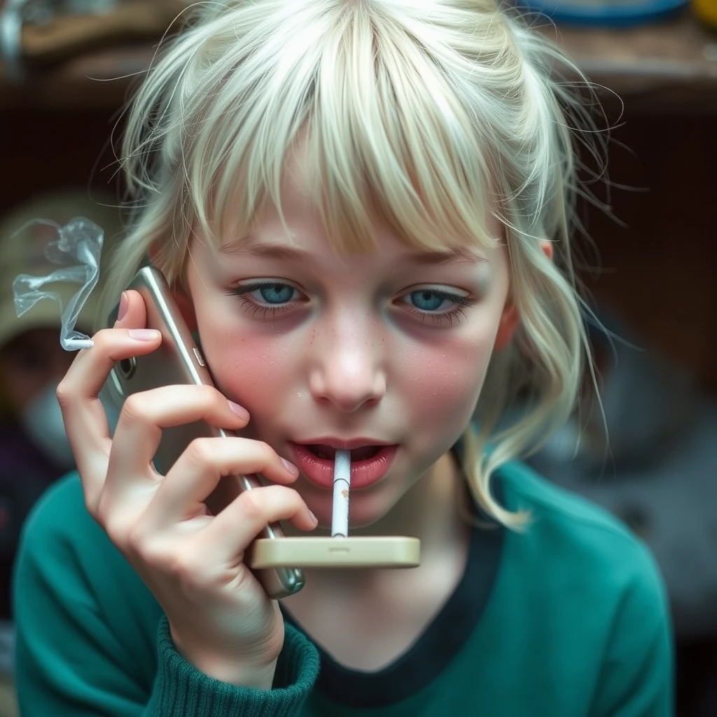 Annoying white redhead 16-year-old girl, short, eating disorder, eye bags, holding phone close to face, bloodshot eyes, smoking, poverty setting. - Image