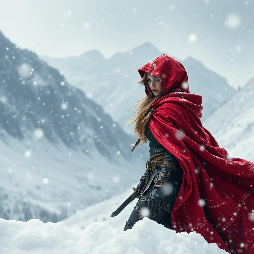 "Fantasy heroine with a red cloak without a hood in a fierce snowstorm in the mountains."