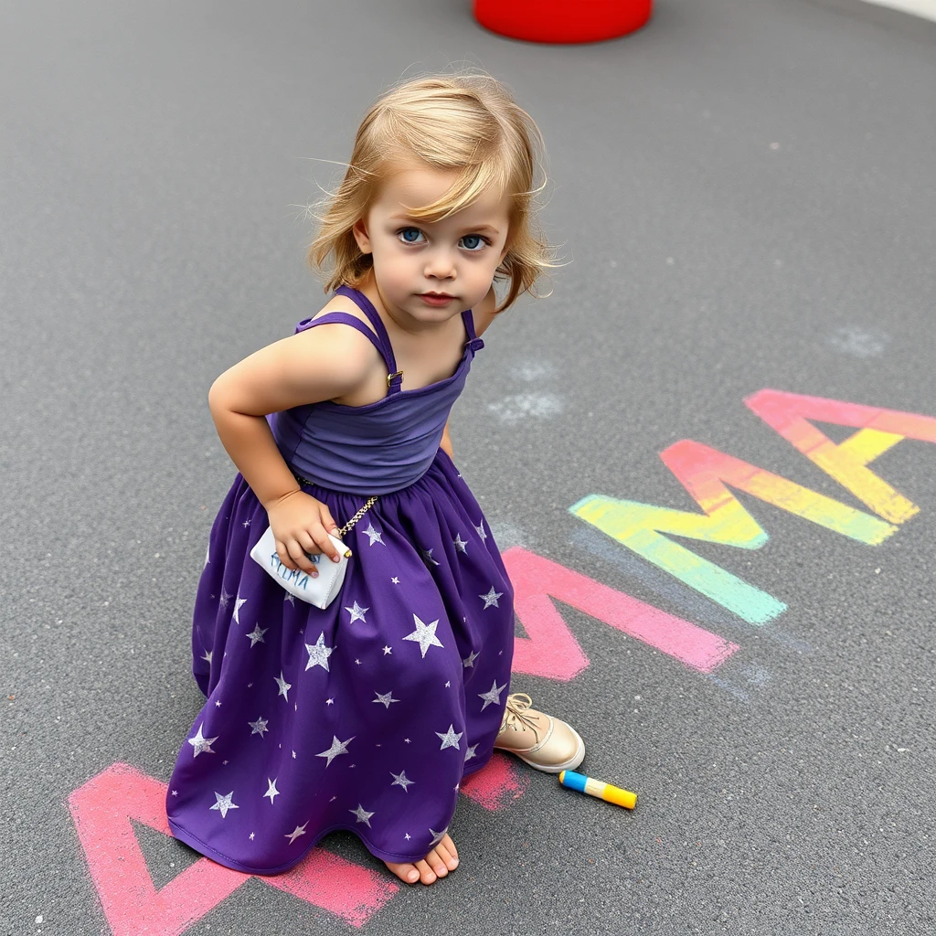 Four-year-old girl with light brown hair. The girl is wearing a long, shirtless, purple star- and galaxy-themed skirt. She has hazel-colored eyes and looks Scandinavian. She is painting a rainbow-colored, readable text "ALMA" on the street with chalks. The image is photorealistic and high quality. She has a small unicorn handbag. - Image