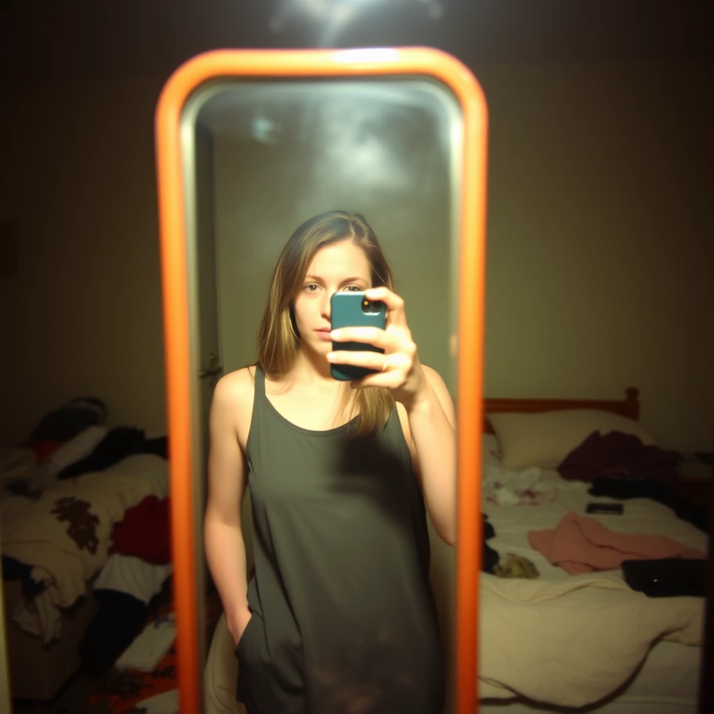 Phone photo: A woman stands in front of a mirror, capturing a selfie. The image quality is grainy, with a slight blur softening the details. The lighting is dim, casting shadows that obscure her features. The room is cluttered, with clothes strewn across the bed and an unmade blanket. Her expression is casual, full of concentration, while the old iPhone struggles to focus, giving the photo an authentic, unpolished feel. The mirror shows smudges and fingerprints, adding to the raw, everyday atmosphere of the scene.