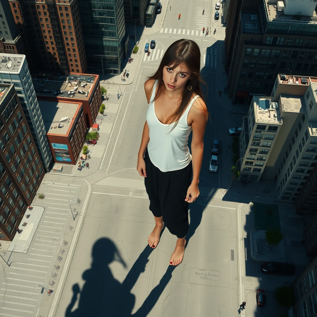 aerial view, giant stunning goth teen girl standing barefoot in city, realistic shadow - Image