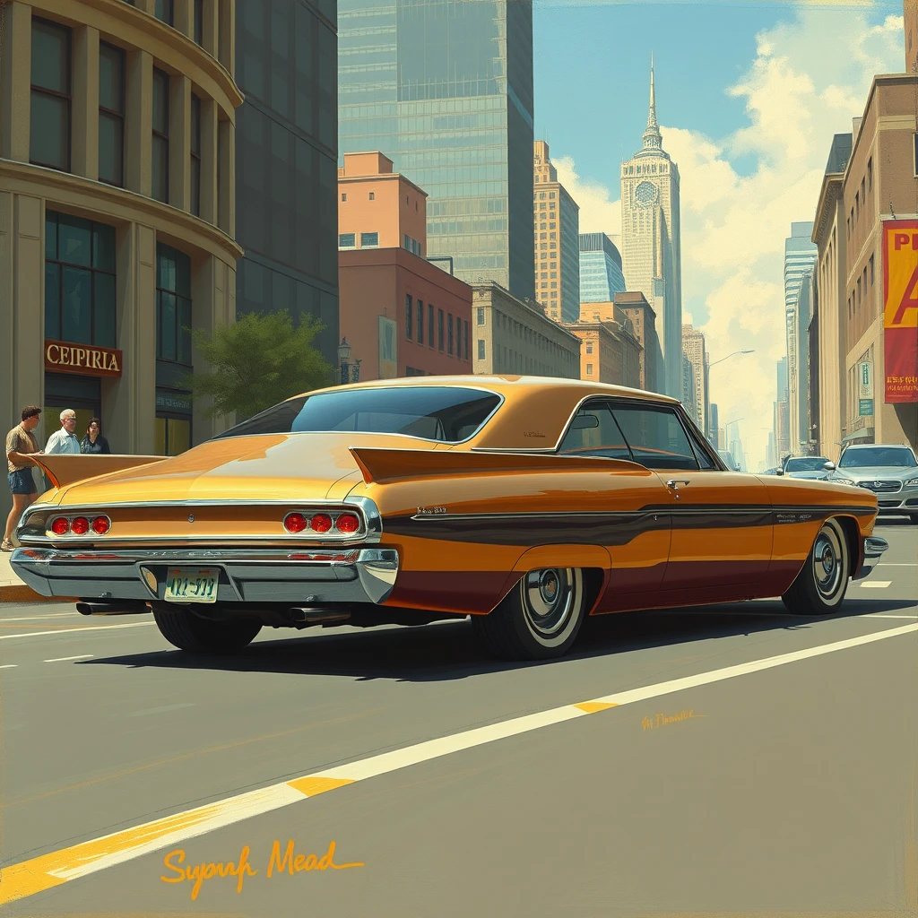 3/4 view, a retro-futuristic sedan concept in a city setting, a painting by Syd Mead, 4k, detailed.