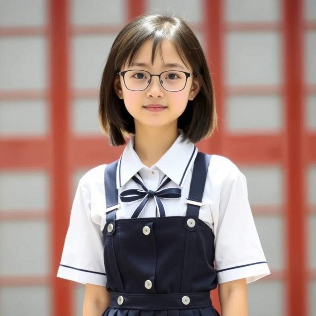 A 24-year-old Chinese girl wearing a suspender skirt and JK uniform, wearing glasses. - Image