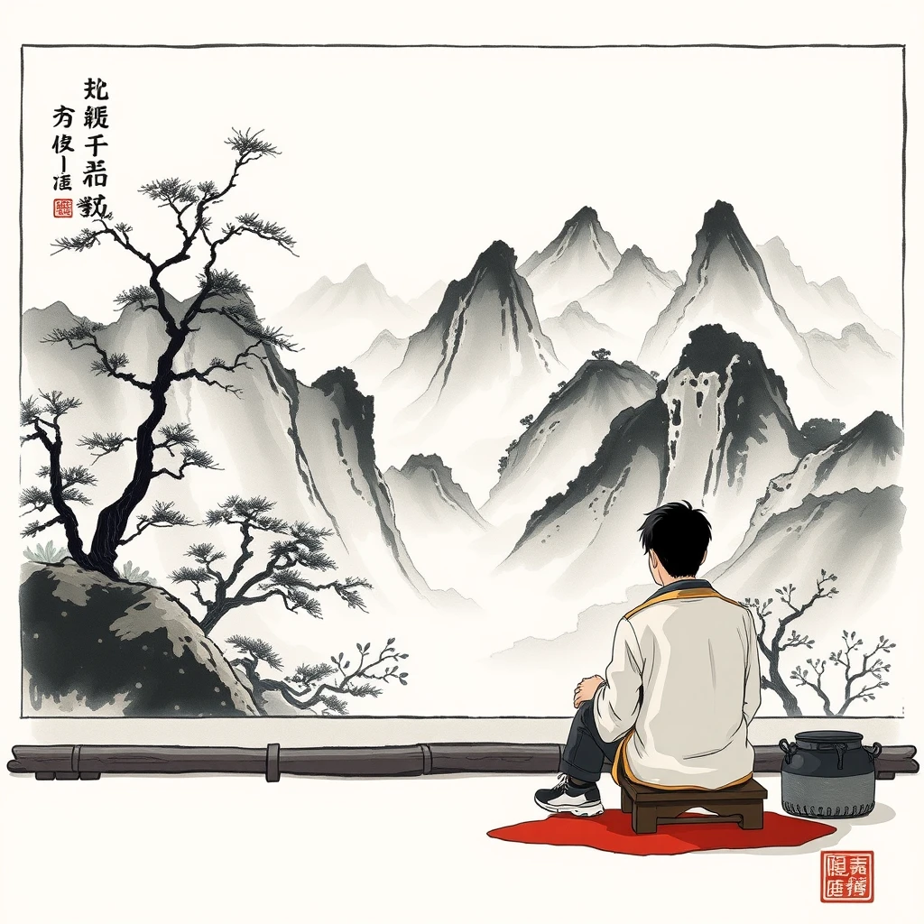 Sitting in front of the Chinese landscape ink painting, anime.