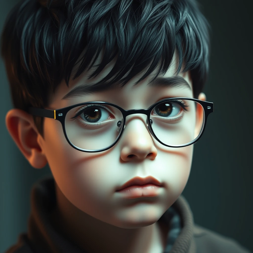 "Make a dark-haired boy with glasses looking forward with a tired gaze." - Image