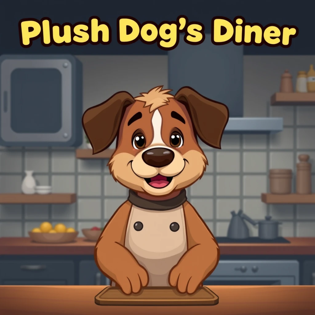 A title screen for a cartoony but photo-realistic game about a cute dog chef who works in a kitchen. The dog should be all brown and made of fuzzy fur. The text above the dog should say "Plush Dog's Diner". The title screen should be quite dark. The dog should not have any white on his face, only brown. The dog should have dark brown ears.