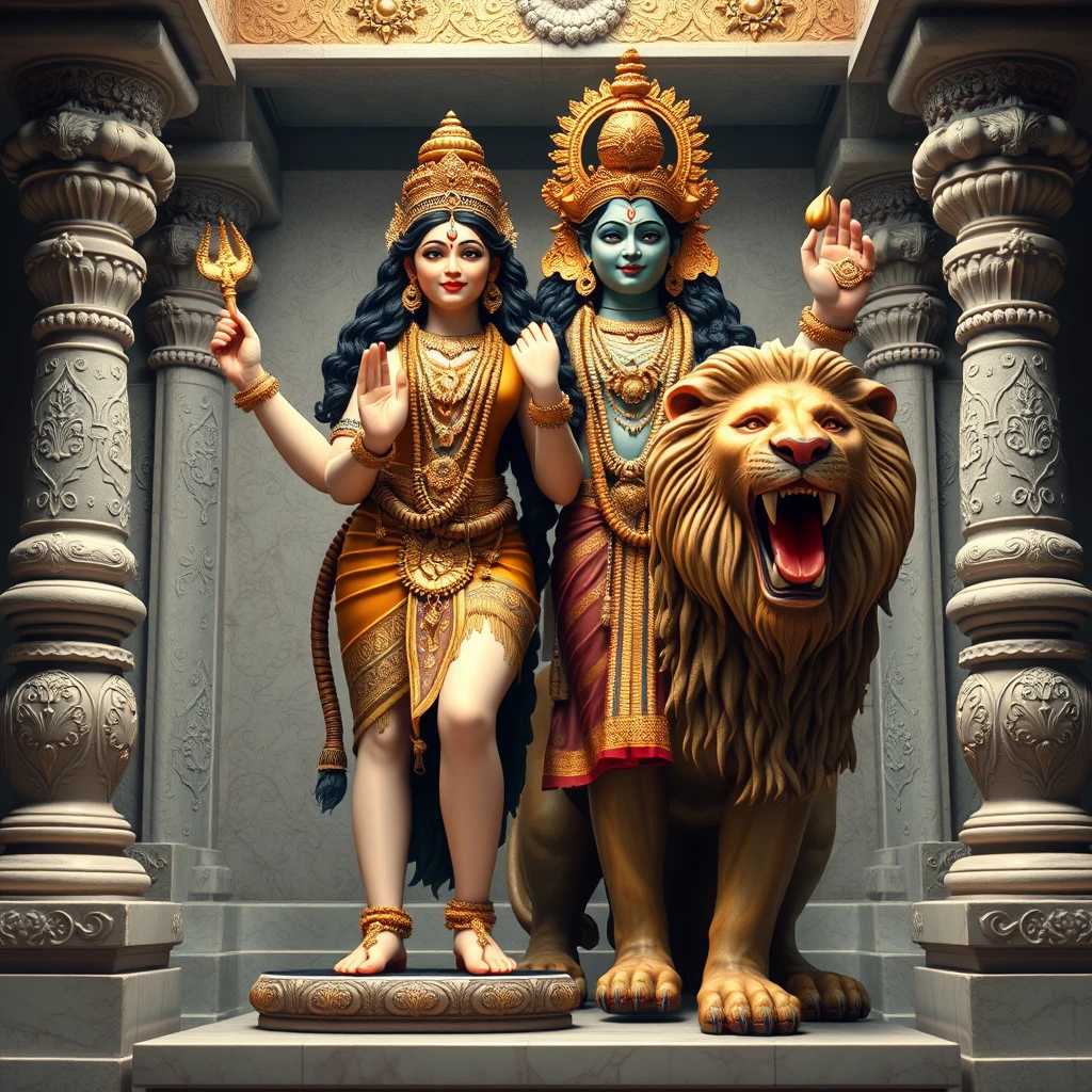 sexy looking youthful goddess Kamakshi with four arms, standing next to a loving male lion on a temple altar - Image