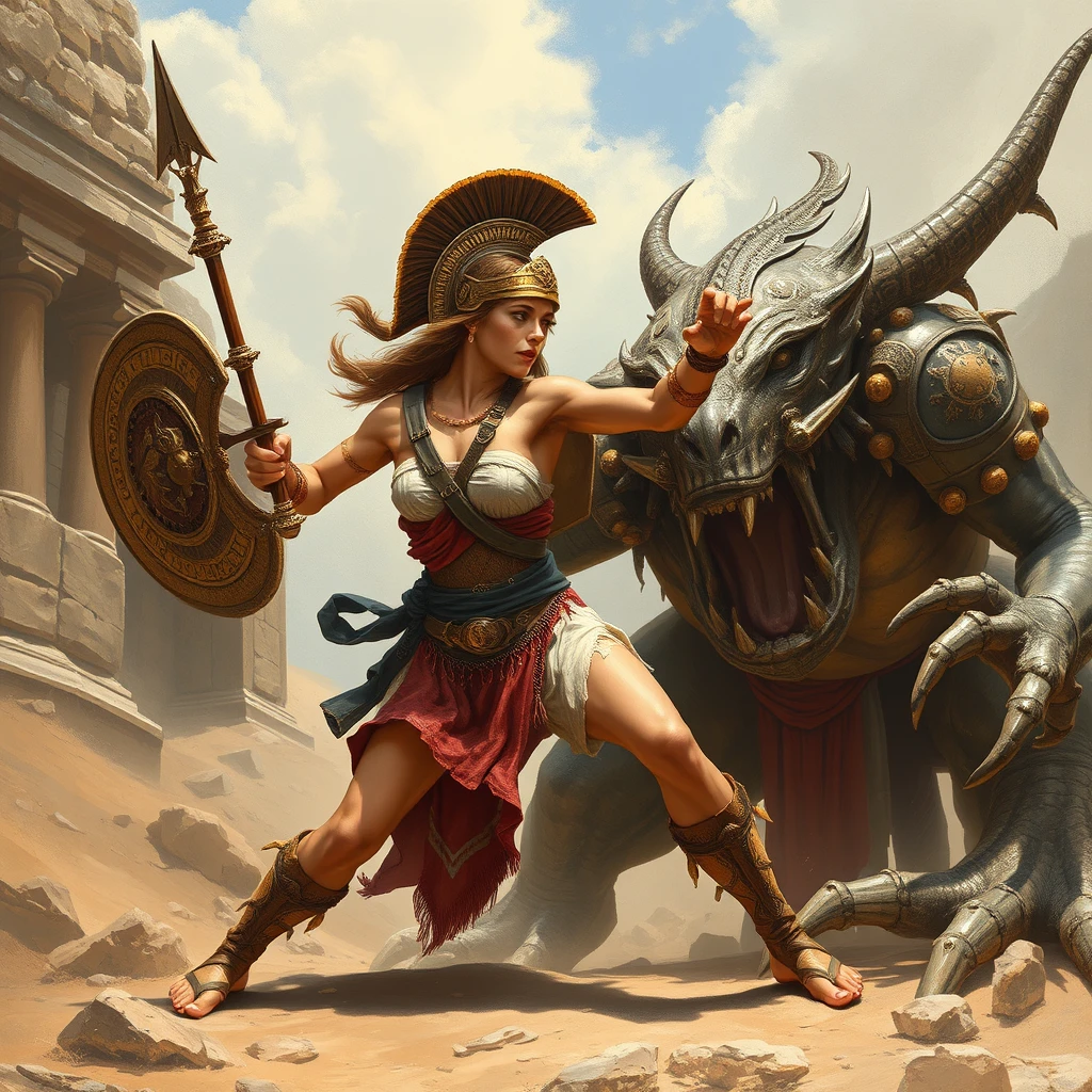 Ancient Greek Warrior Girl, Fight with Ancient Monster - Image