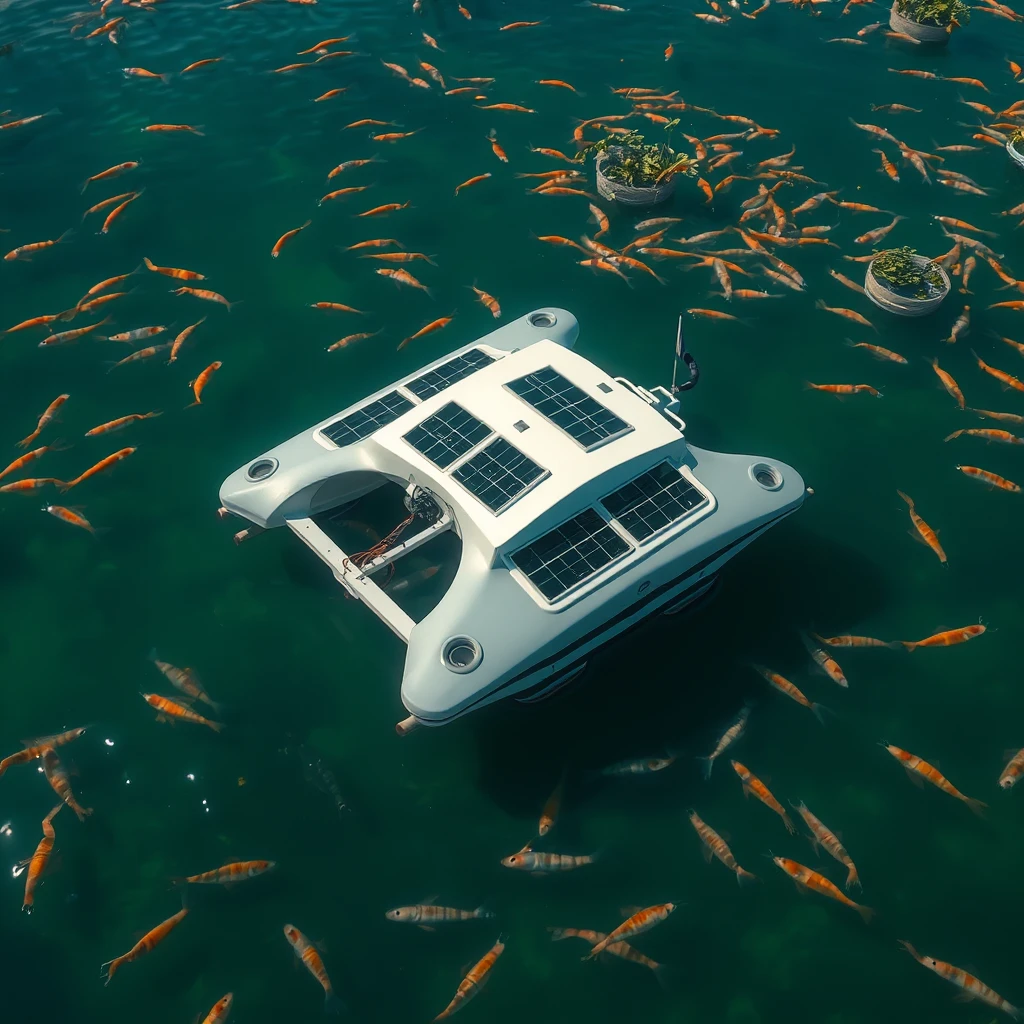 Smartly designed, aerodynamic floating catamaran platform in an aquatic shrimp farm, with sensors to locate shrimp presence and navigates autonomously there to dispense the food grains, powered by solar panels and can use aerator to increase BOD where required. - Image