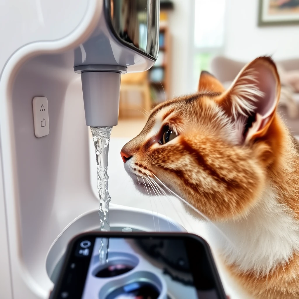 A cat drinking water from a pet water dispenser, captured from the perspective of a mobile phone. The scene is indoors, with the cat's face close to the water stream. The water dispenser is modern and sleek, and the environment is well-lit with natural lighting. The cat is focused on drinking, and the image shows a clear, detailed view of its head and upper body. The background includes a hint of home decor, indicating a cozy living space.