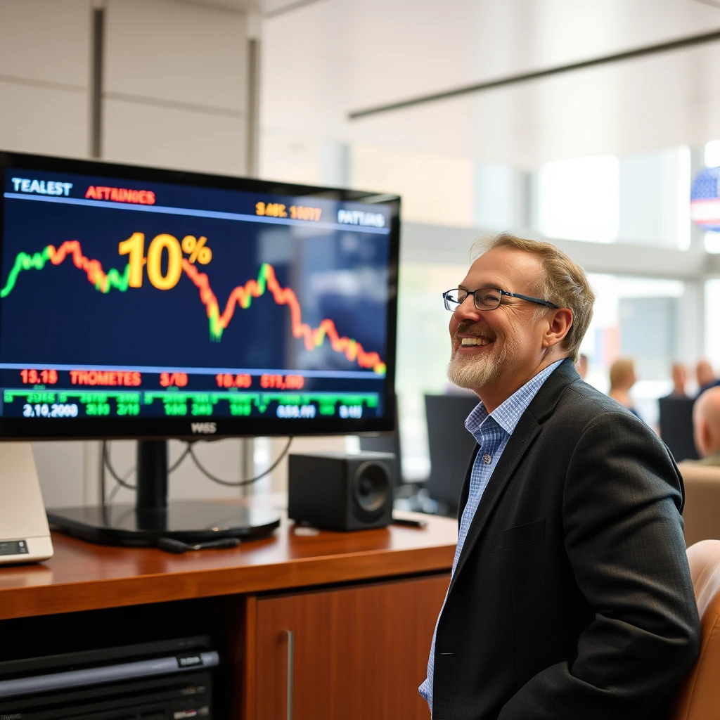 A man watches TV as stocks crash by 10 percent. He smiles. - Image